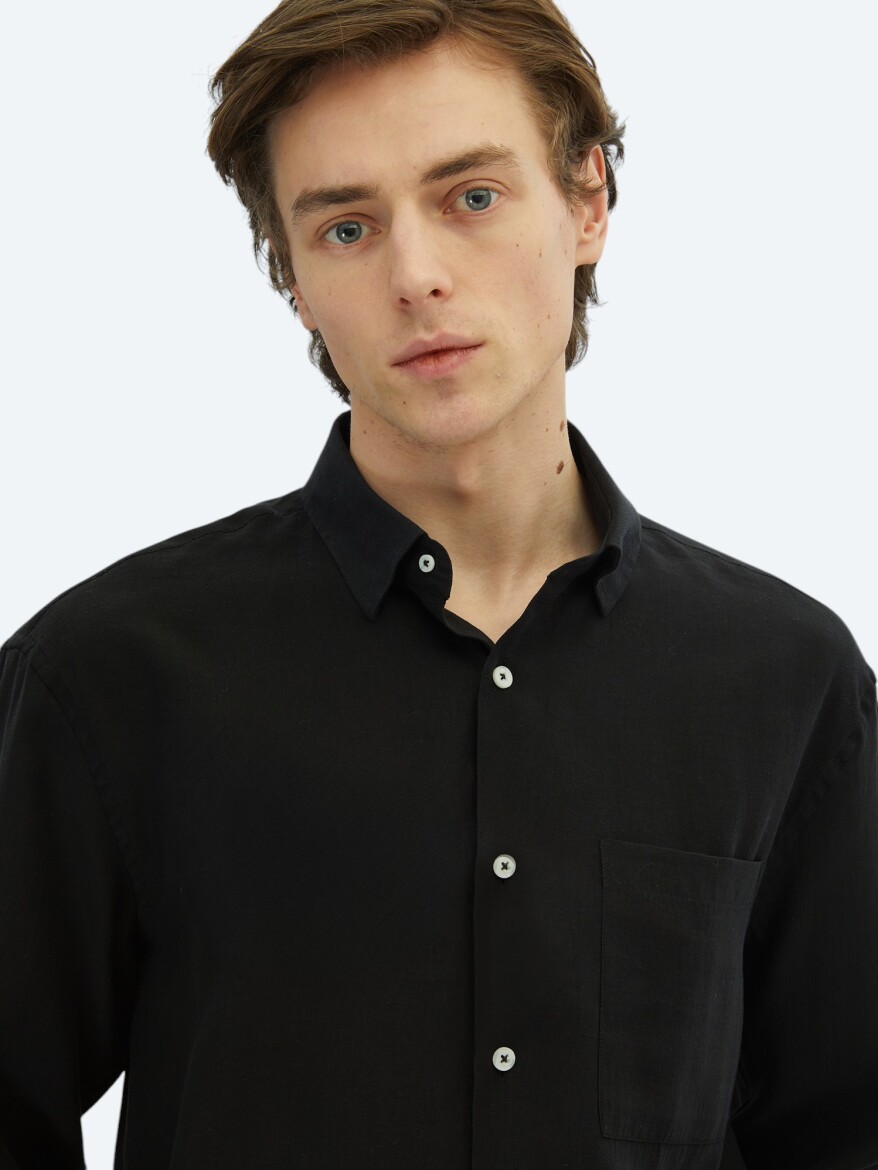 Black Plain Oversize Fit Long Weaving Casual Shirt - 3