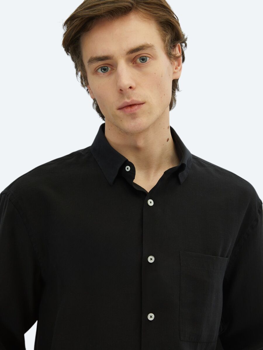 Black Plain Oversize Fit Long Weaving Casual Shirt - 3