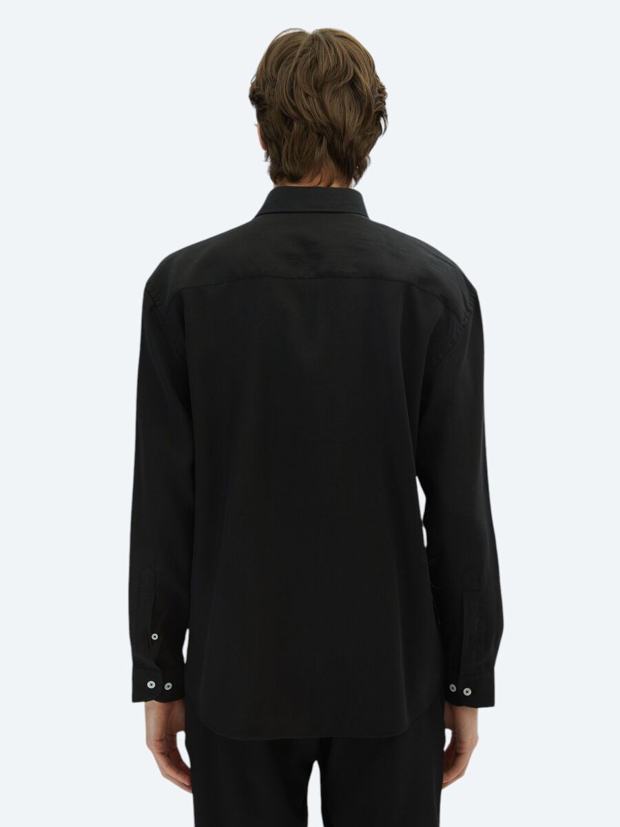 Black Plain Oversize Fit Long Weaving Casual Shirt - 4