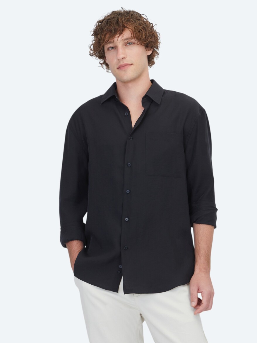 Black Plain Oversize Fit Long Weaving Casual Shirt 