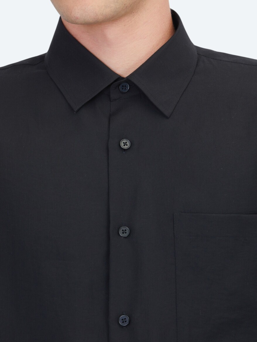 Black Plain Oversize Fit Long Weaving Casual Shirt - 4