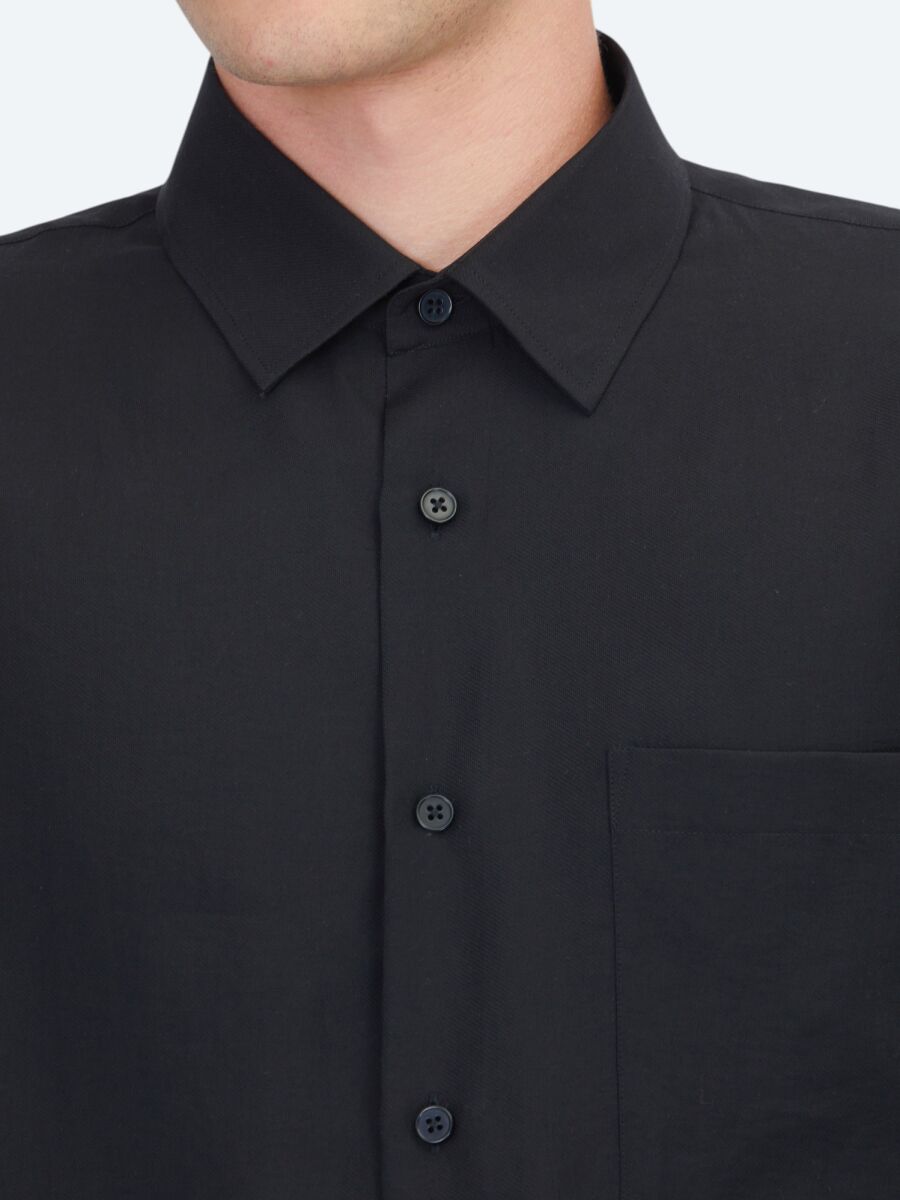 Black Plain Oversize Fit Long Weaving Casual Shirt - 4