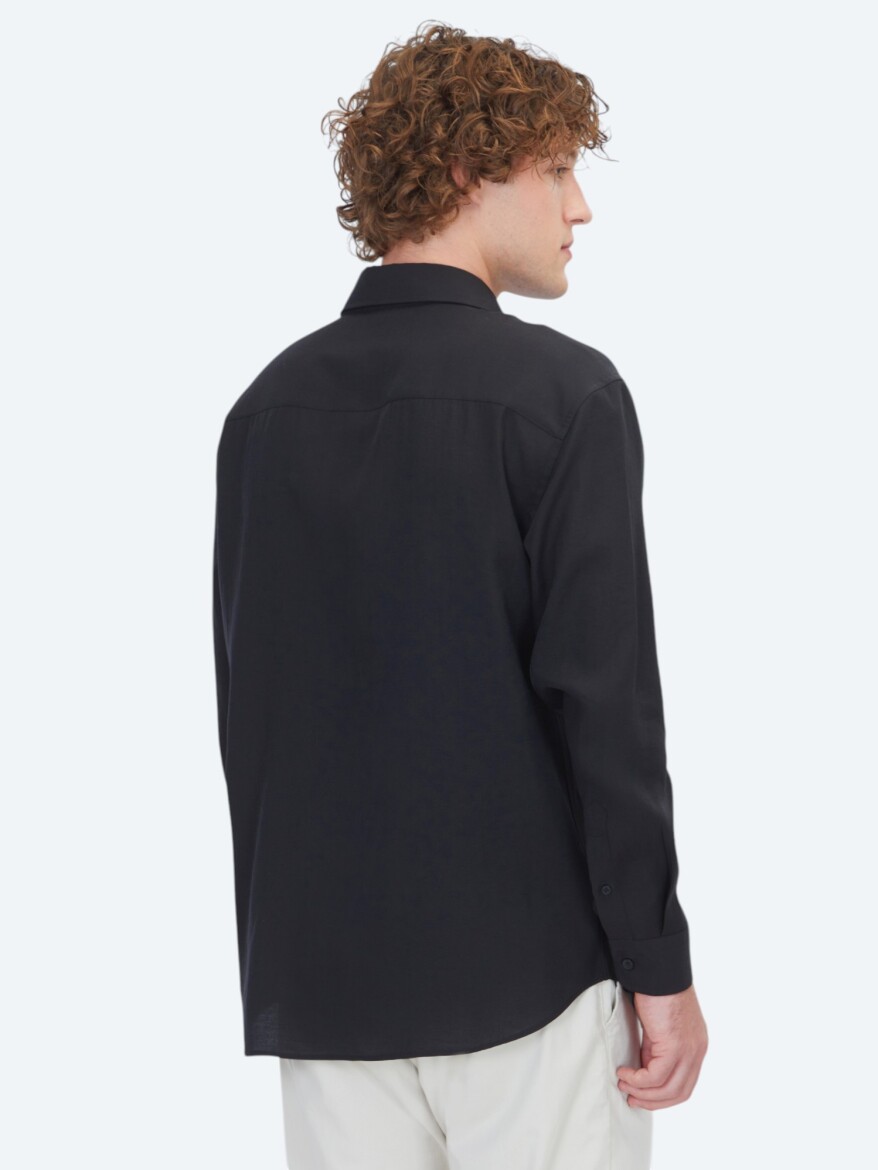 Black Plain Oversize Fit Long Weaving Casual Shirt - 5