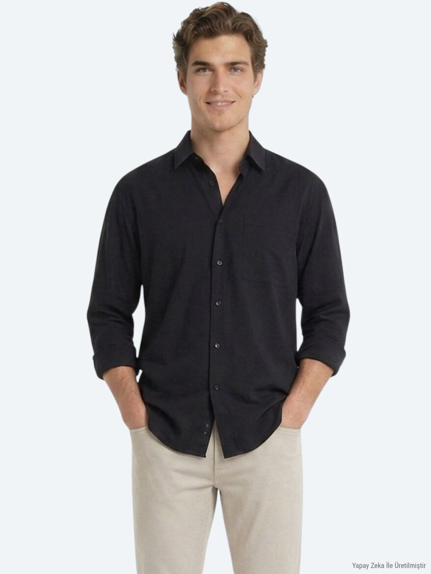 Black Plain Oversize Fit Long Weaving Casual Shirt 
