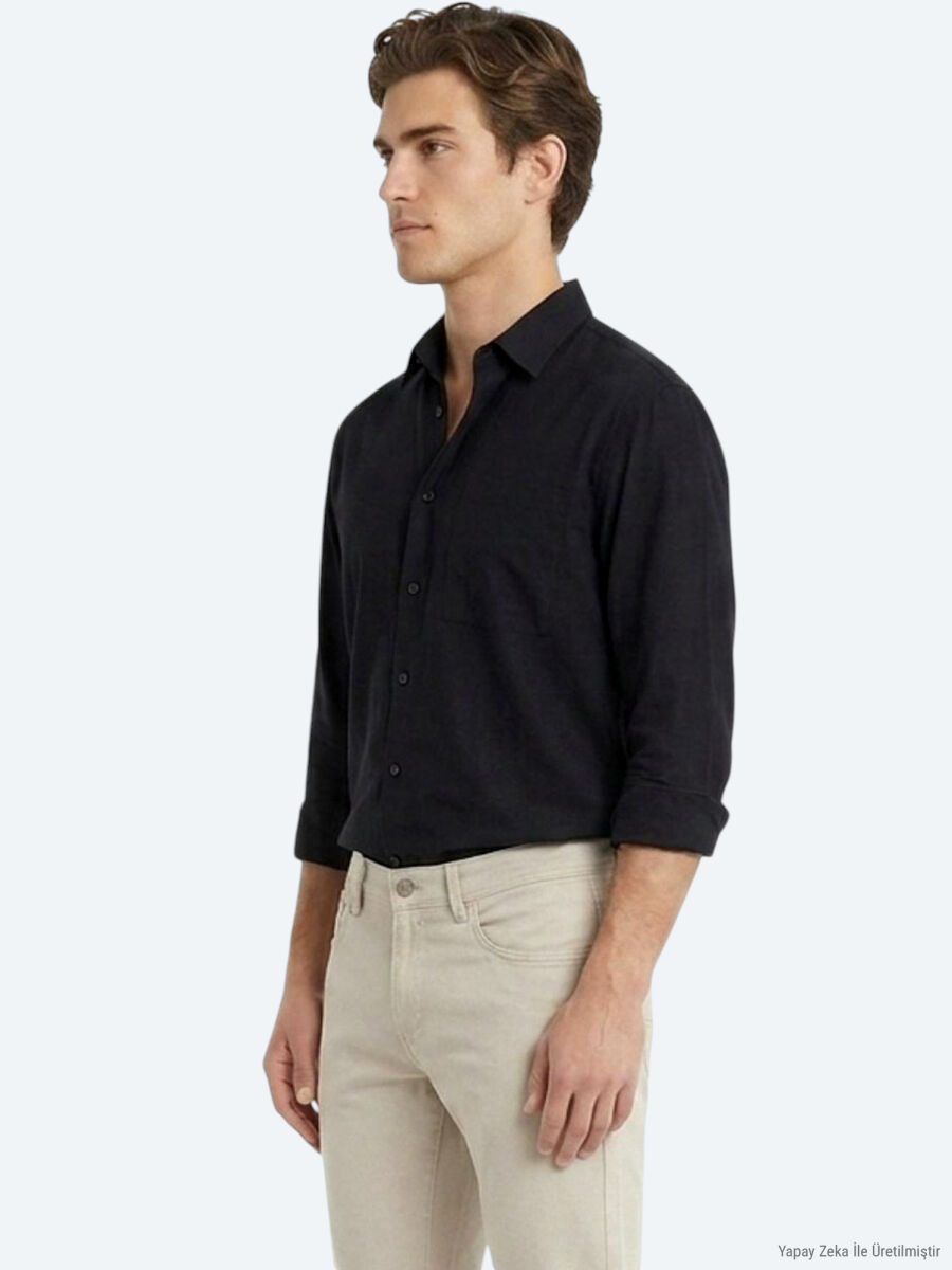 Black Plain Oversize Fit Long Weaving Casual Shirt - 2