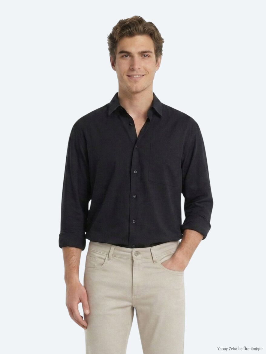 Black Plain Oversize Fit Long Weaving Casual Shirt - 3