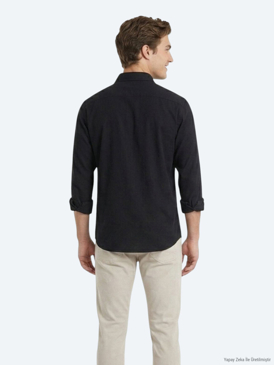 Black Plain Oversize Fit Long Weaving Casual Shirt - 4