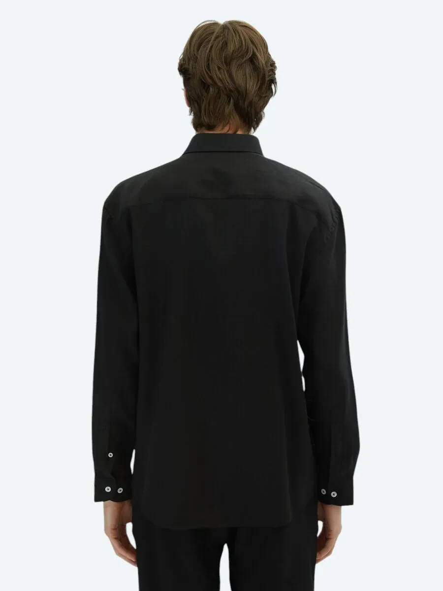 Black Plain Oversize Fit Weaving Casual Shirt - 4
