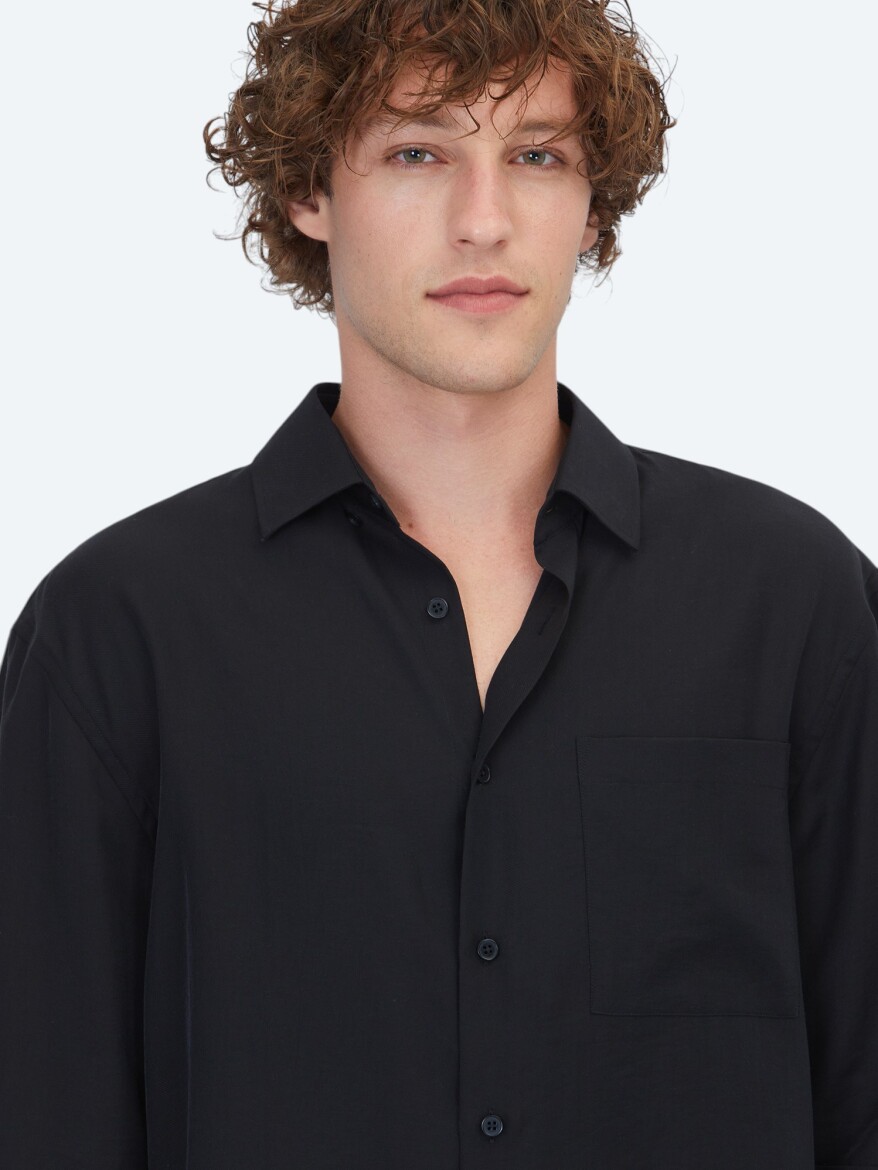 Black Plain Oversize Fit Weaving Casual Shirt - 3