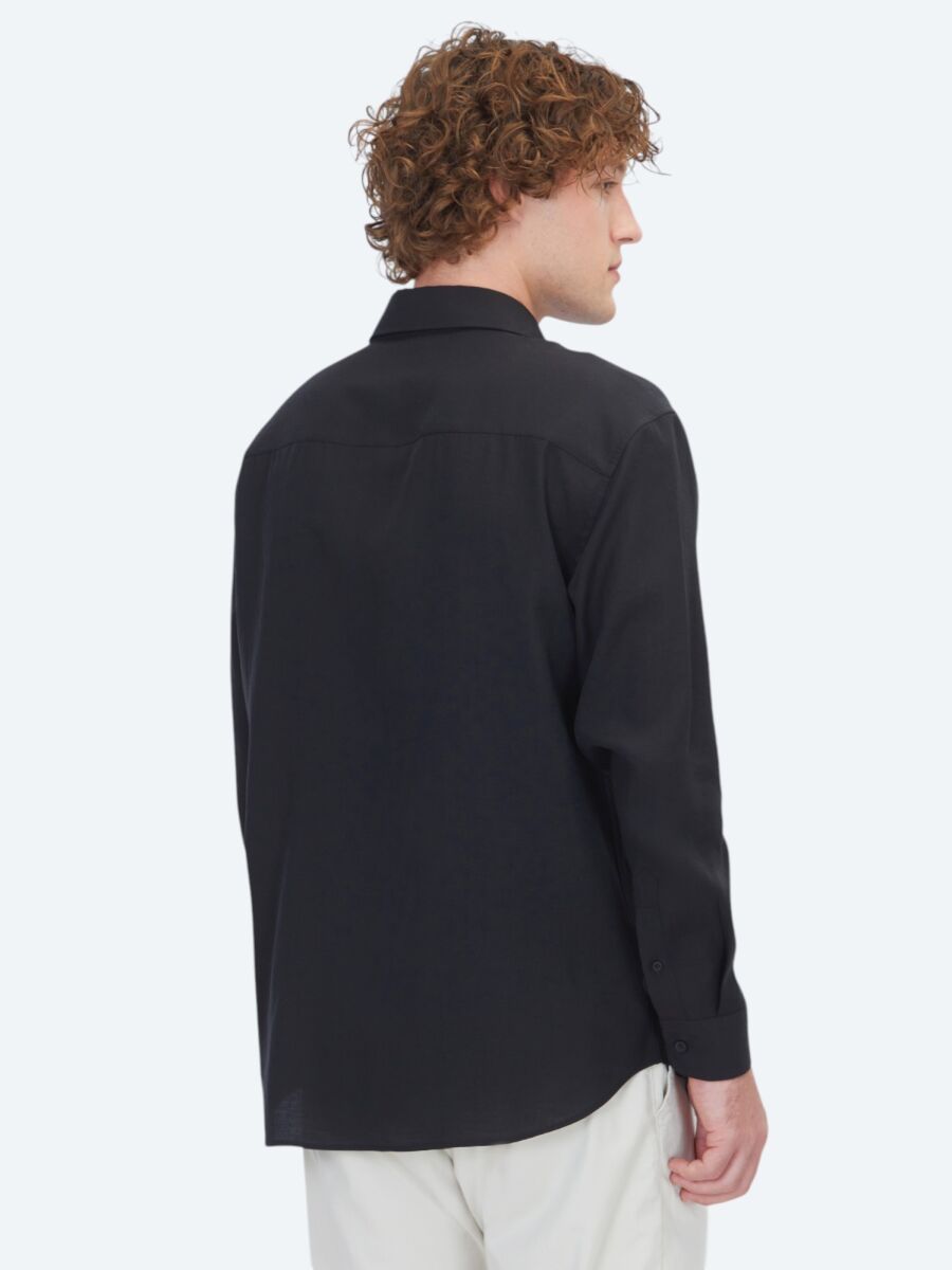 Black Plain Oversize Fit Weaving Casual Shirt - 5