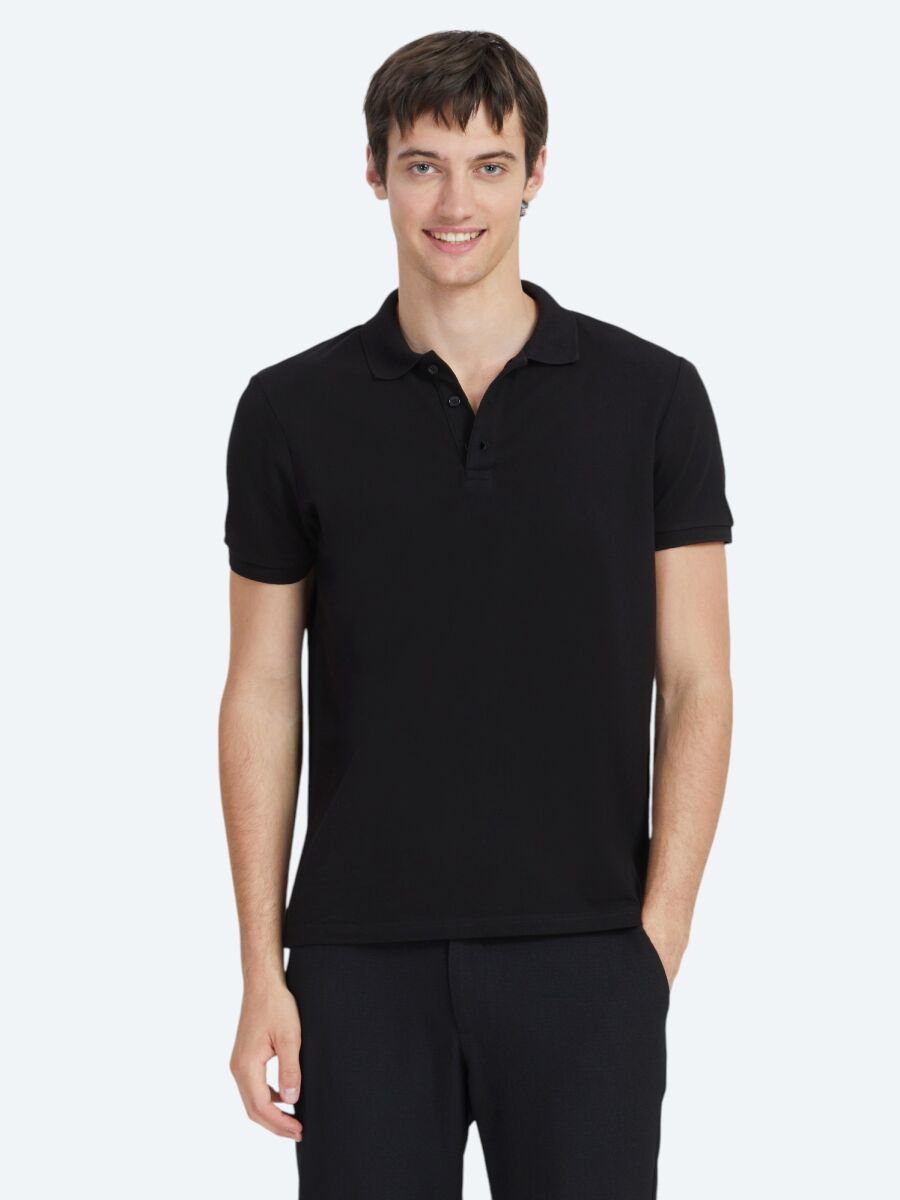 Black Plain Polo Neck 100% Cotton T-Shirt - 1