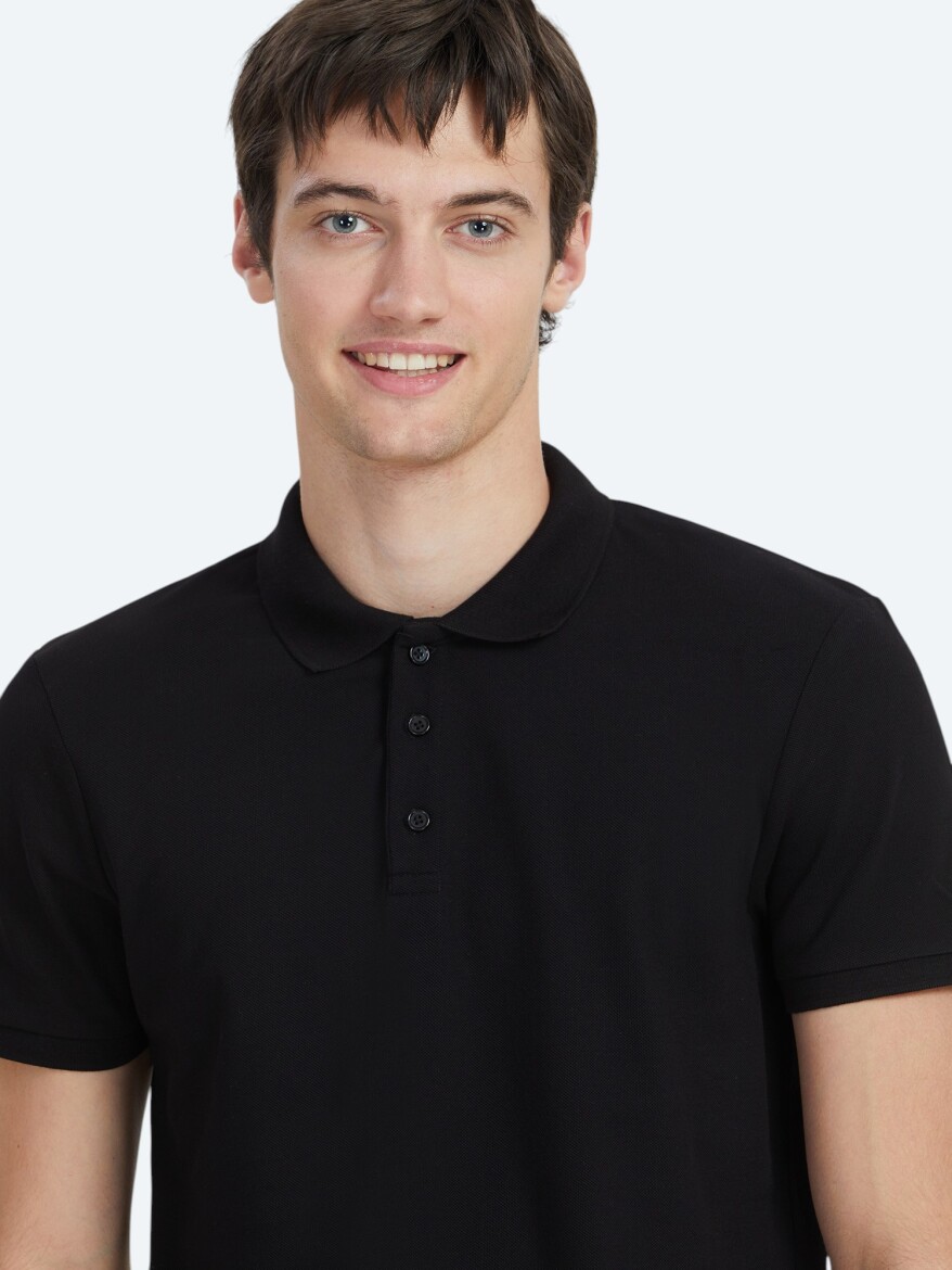 Black Plain Polo Neck 100% Cotton T-Shirt - 3