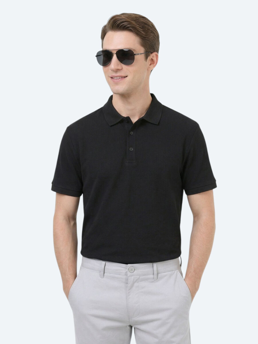 Black Plain Polo Neck 100% Cotton T-Shirt - 1
