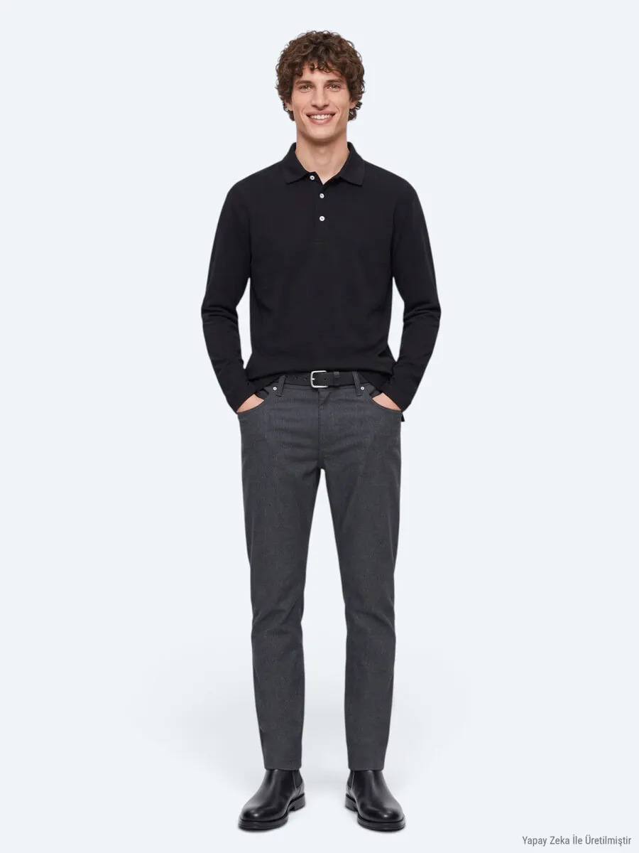 Black Plain Polo Neck 100% Cotton T-Shirt - 3