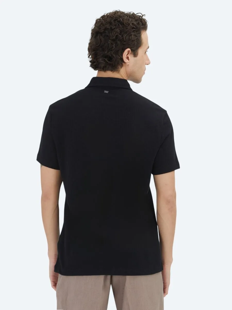 Black Plain Polo Neck Cotton Blended T-Shirt - 5