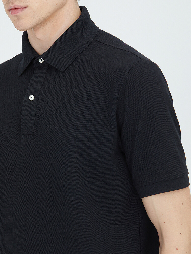 Black Plain Polo Neck Cotton Blended T-Shirt - 4
