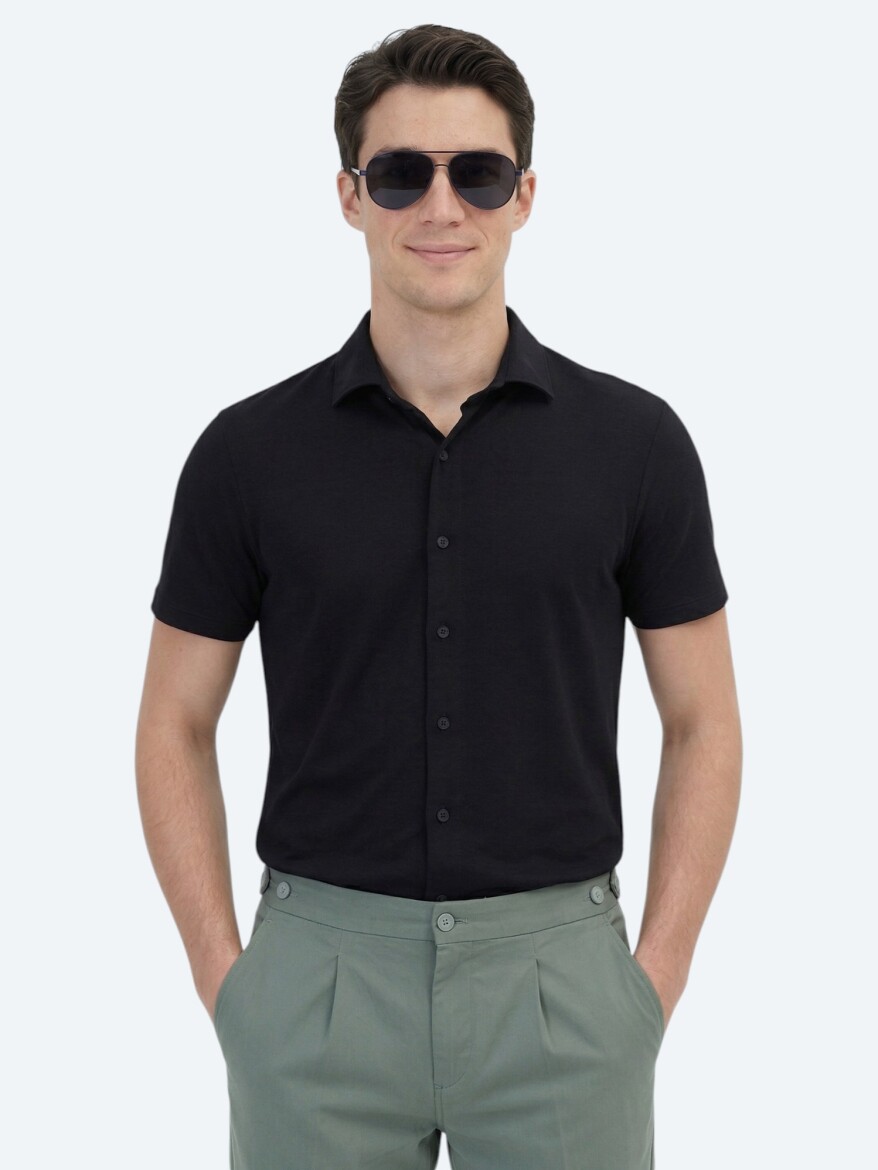 Black Plain Regular Fit Knitting Casual Shirt - 1