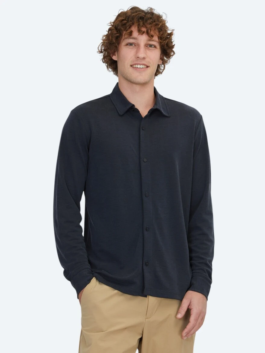 Black Plain Regular Fit Knitting Casual Shirt - 1