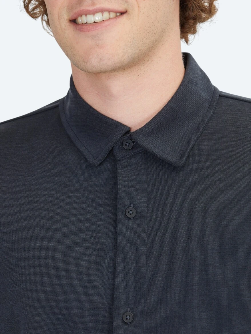 Black Plain Regular Fit Knitting Casual Shirt 