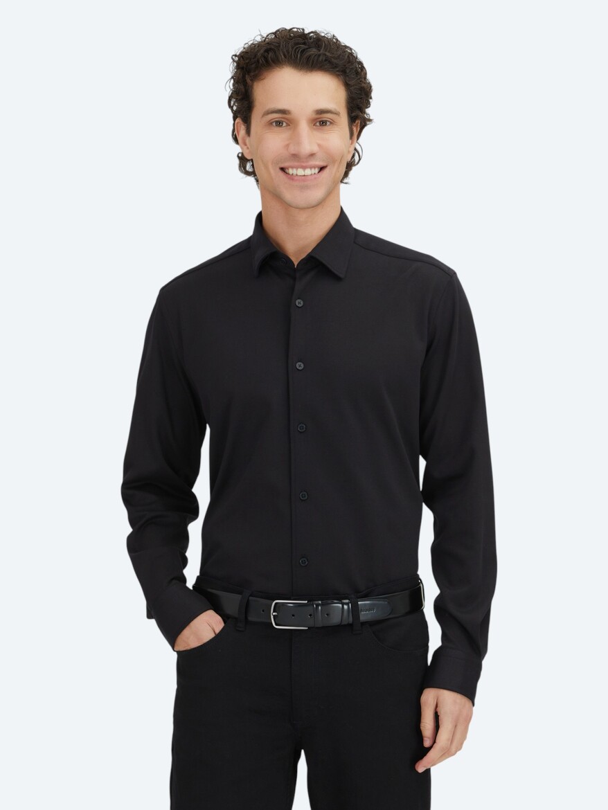 Black Plain Regular Fit Long Knitting Casual 100% Cotton Shirt 