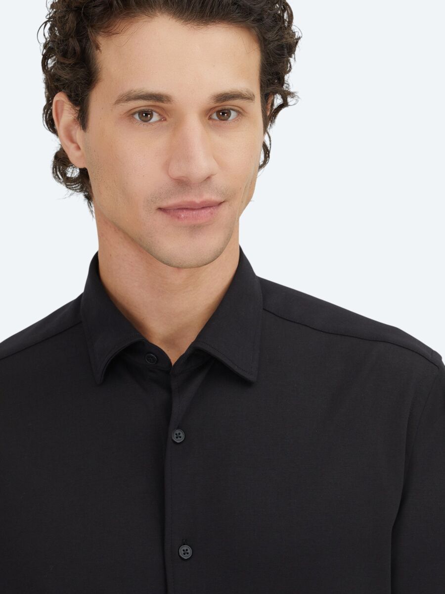 Black Plain Regular Fit Long Knitting Casual 100% Cotton Shirt - 3