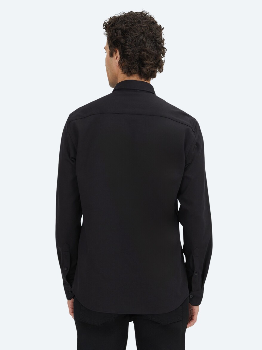 Black Plain Regular Fit Long Knitting Casual 100% Cotton Shirt - 5
