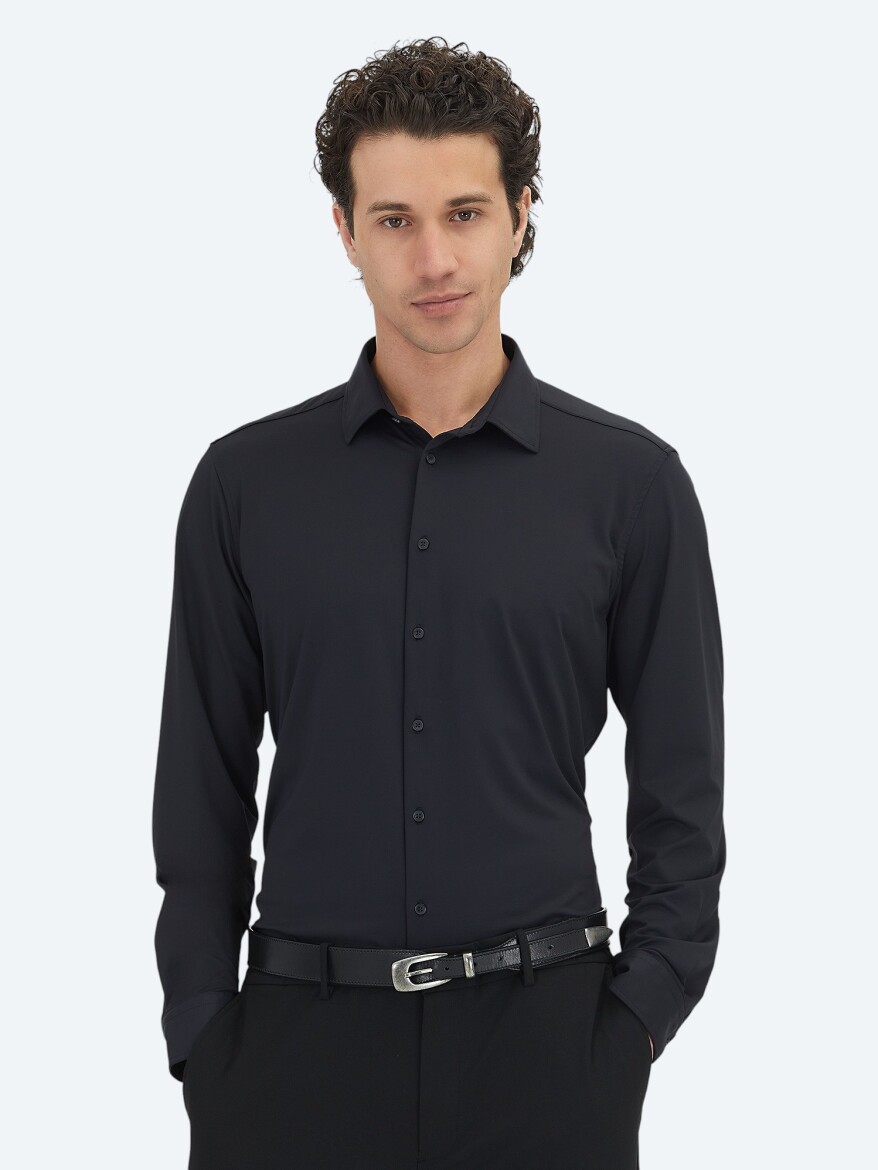 Black Plain Regular Fit Long Knitting Casual Shirt 