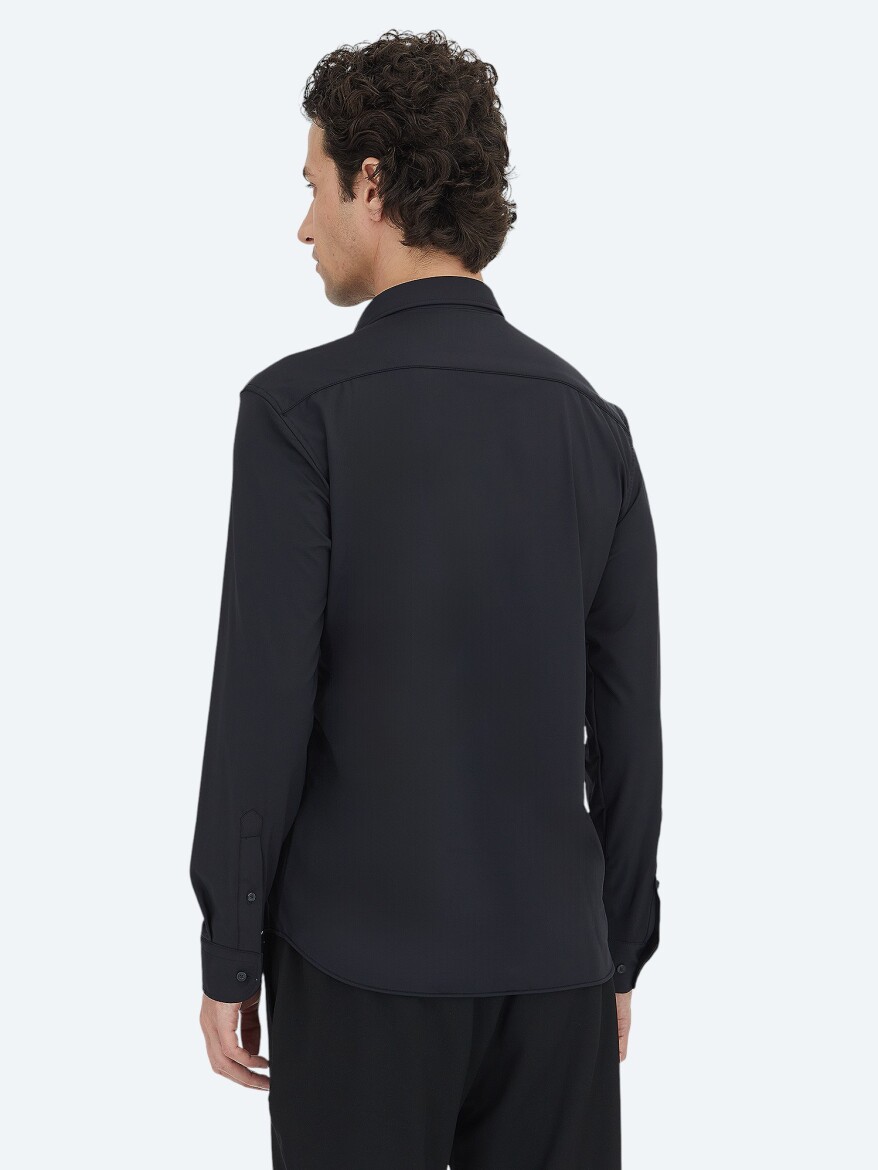 Black Plain Regular Fit Long Knitting Casual Shirt - 5