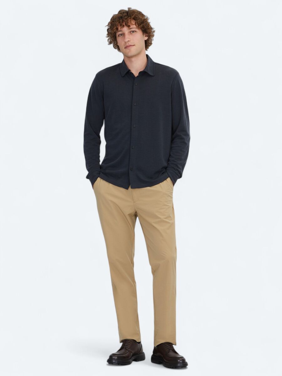 Black Plain Regular Fit Long Knitting Casual Shirt - 2