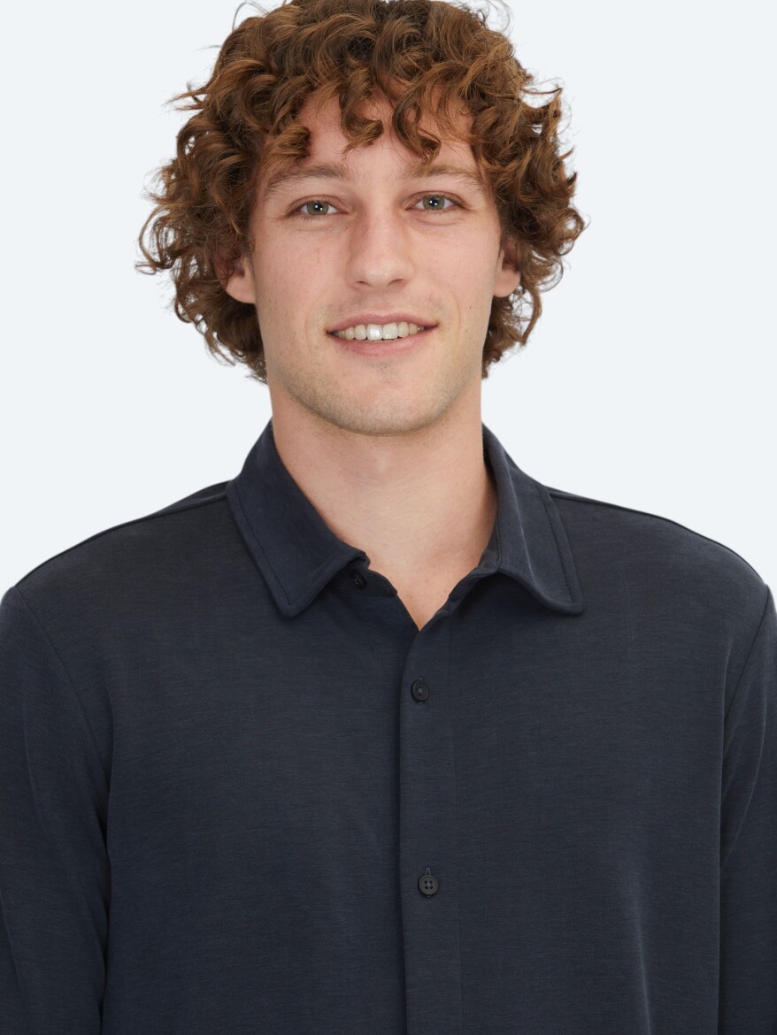 Black Plain Regular Fit Long Knitting Casual Shirt - 3