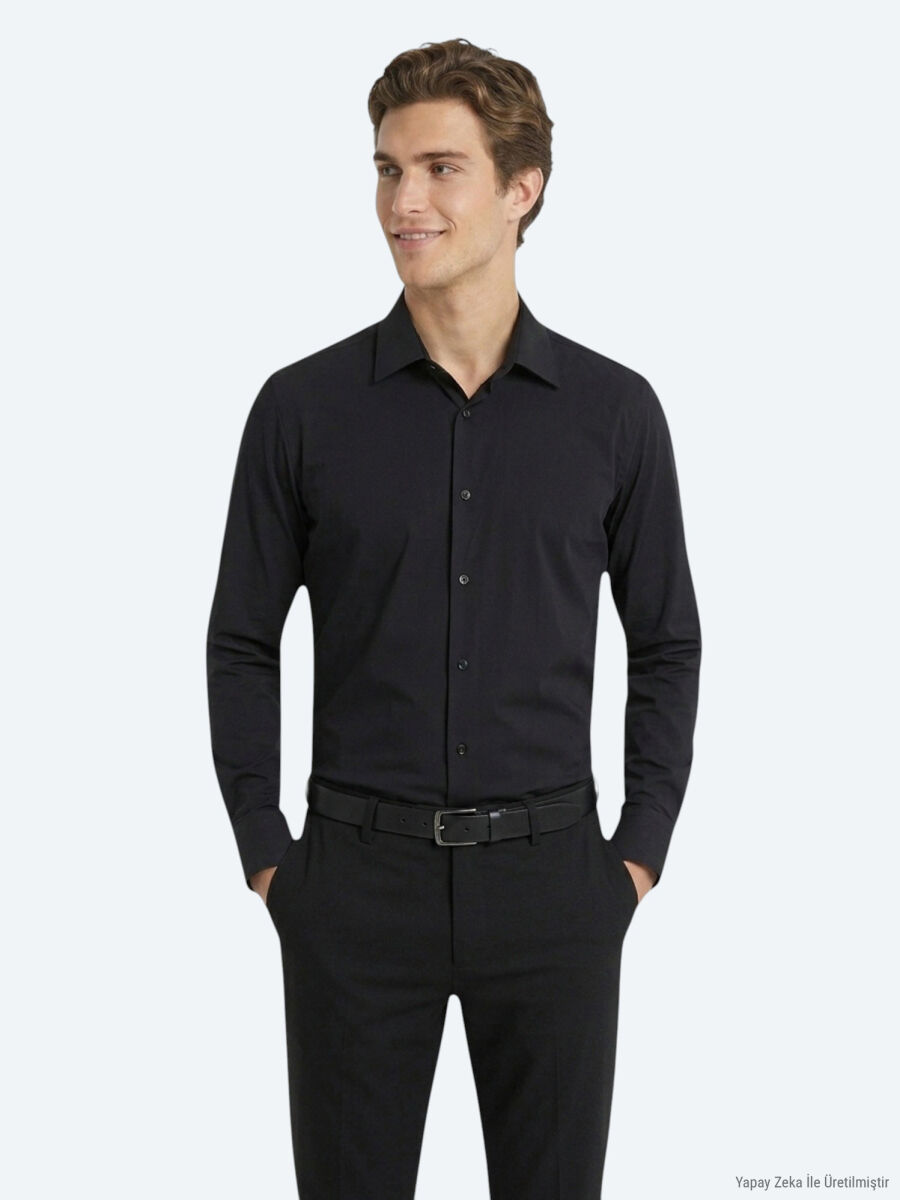 Black Plain Regular Fit Long Knitting Casual Shirt - 1