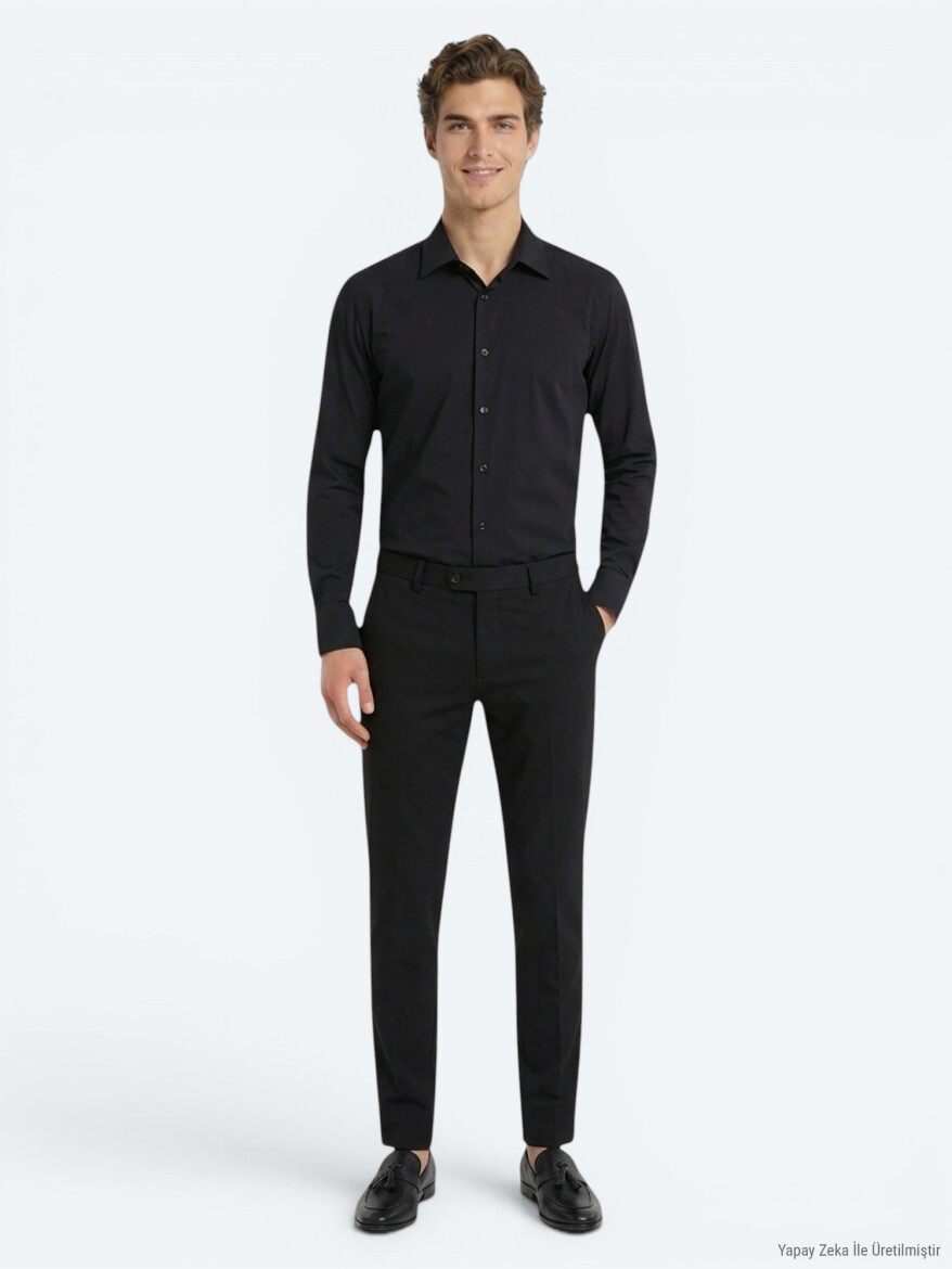 Black Plain Regular Fit Long Knitting Casual Shirt - 2