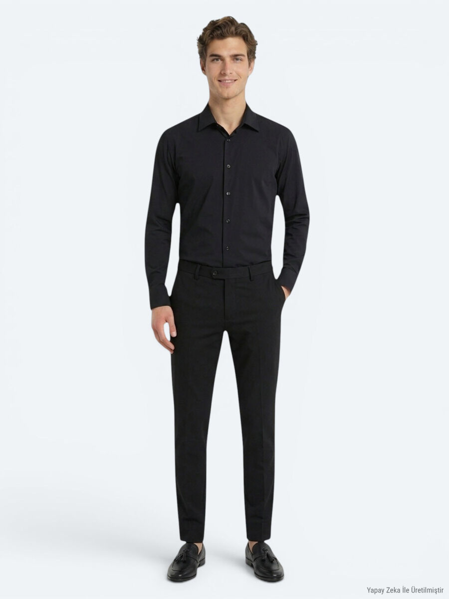 Black Plain Regular Fit Long Knitting Casual Shirt - 2