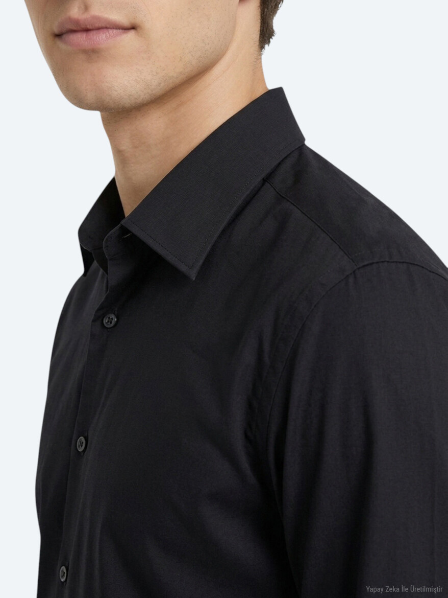 Black Plain Regular Fit Long Knitting Casual Shirt - 3
