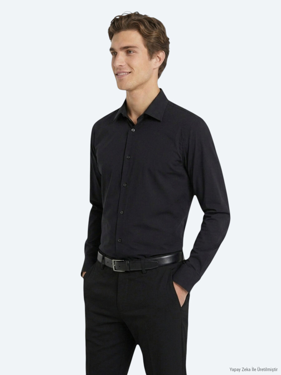 Black Plain Regular Fit Long Knitting Casual Shirt - 4