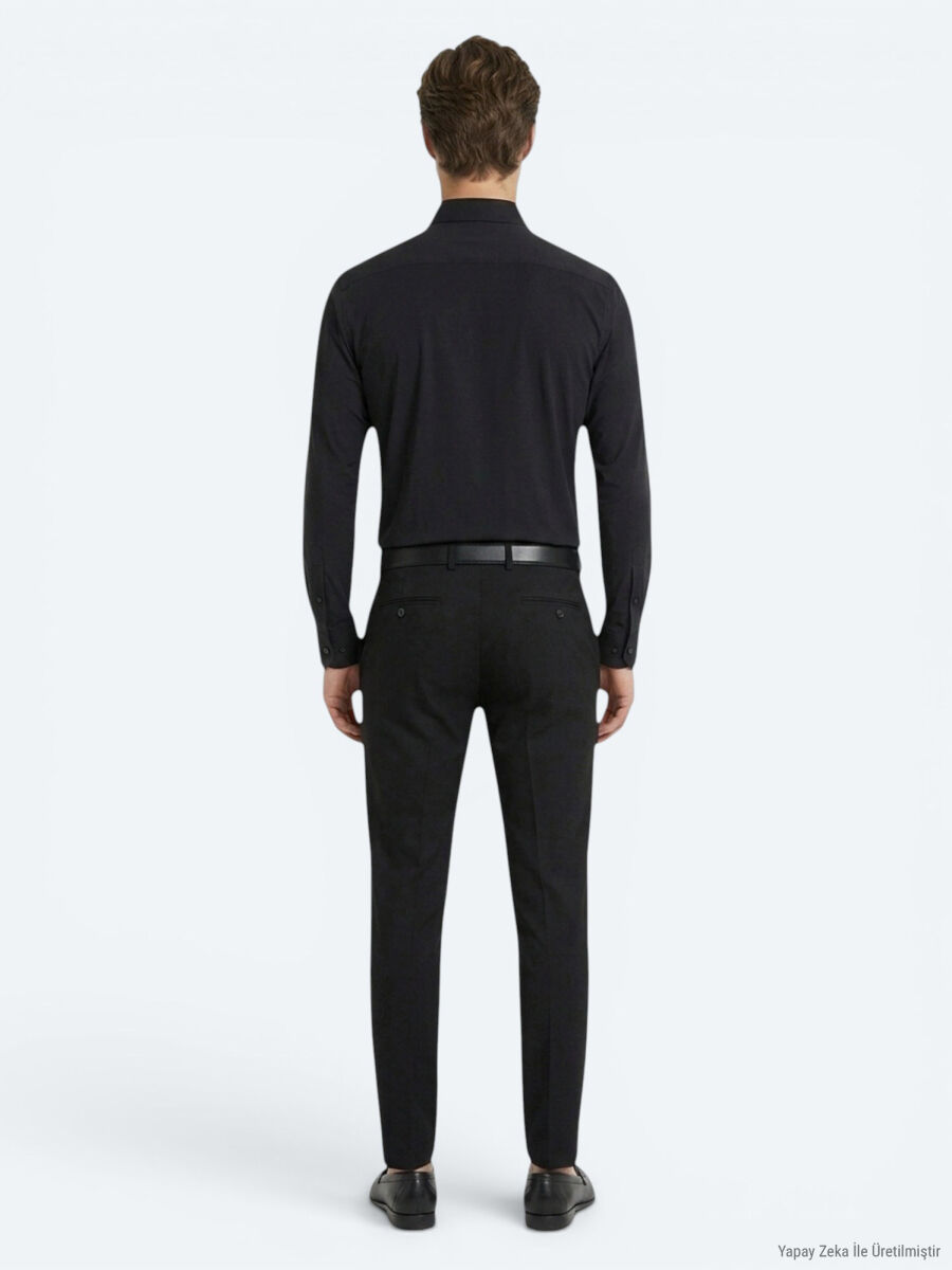 Black Plain Regular Fit Long Knitting Casual Shirt - 5