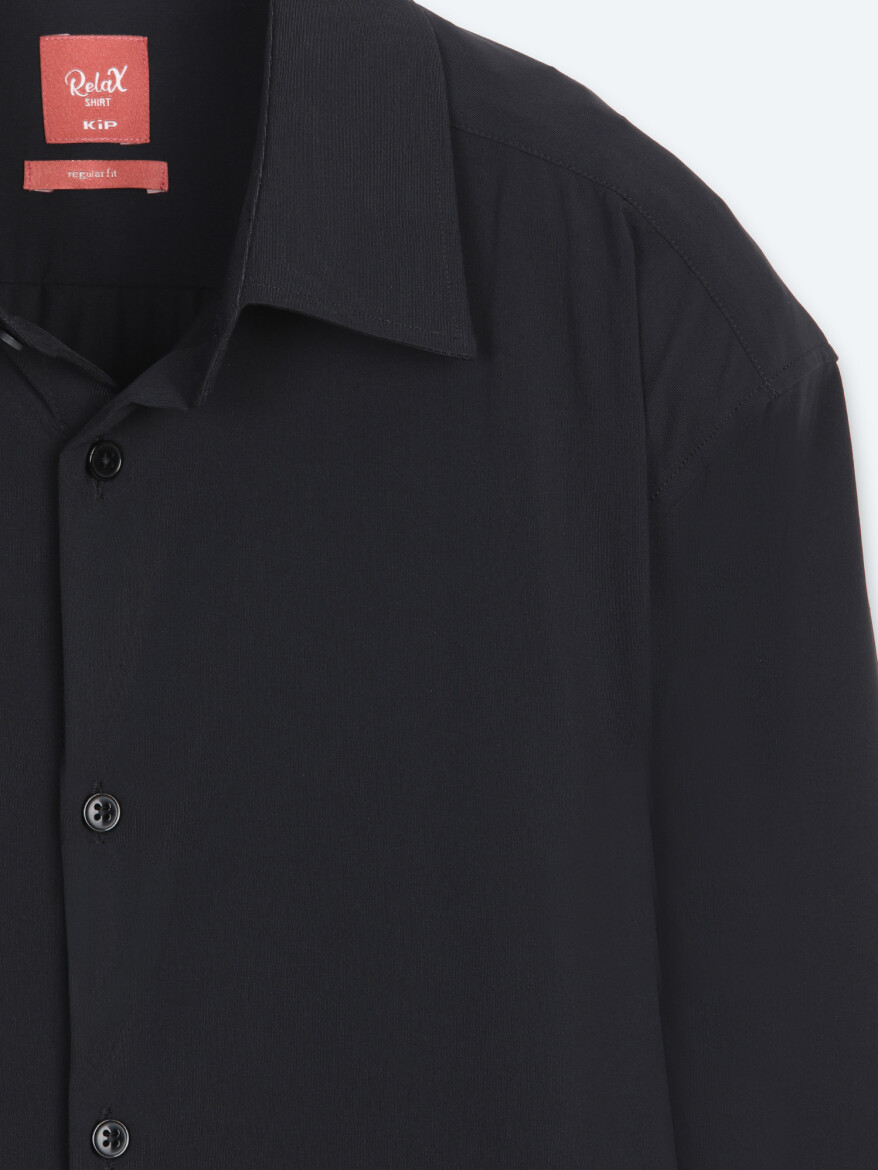 Black Plain Regular Fit Long Knitting Casual Shirt - 7