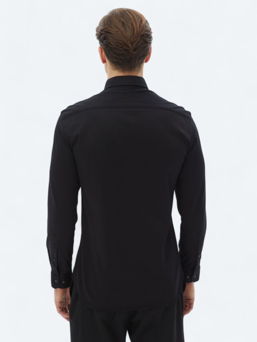 Black Plain Regular Fit Long Weaving Casual 100% Cotton Shirt - 6