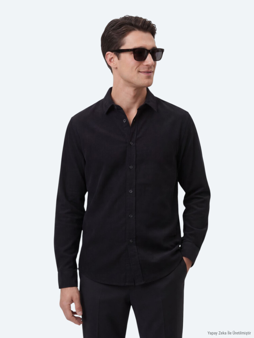 Black Plain Regular Fit Long Weaving Casual 100% Cotton Shirt - KİP