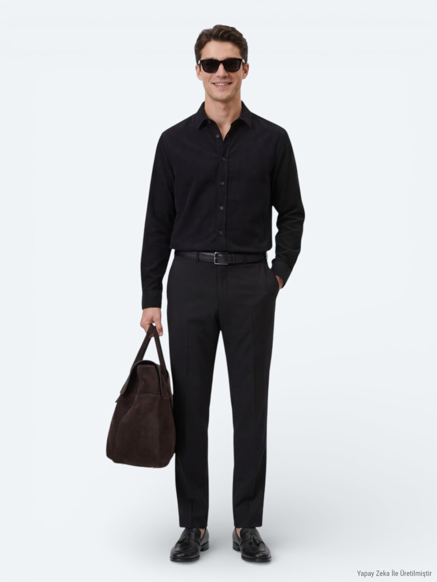 Black Plain Regular Fit Long Weaving Casual 100% Cotton Shirt - 2