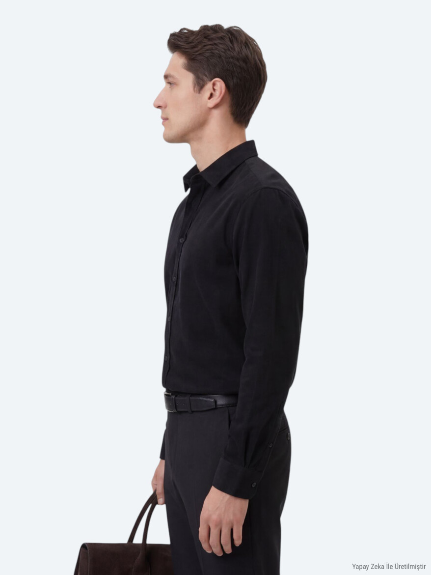 Black Plain Regular Fit Long Weaving Casual 100% Cotton Shirt - 3