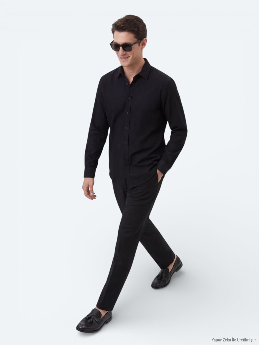 Black Plain Regular Fit Long Weaving Casual 100% Cotton Shirt - 4