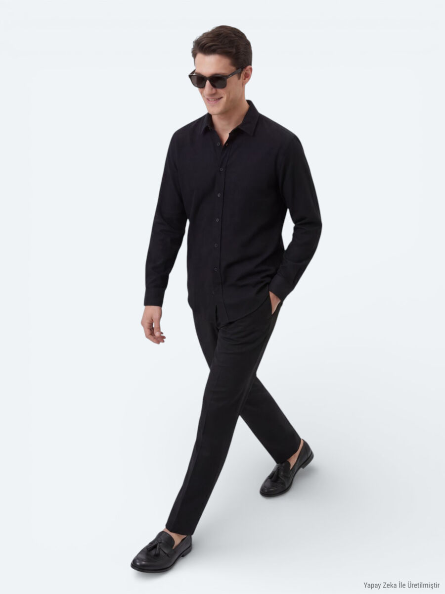 Black Plain Regular Fit Long Weaving Casual 100% Cotton Shirt - 4
