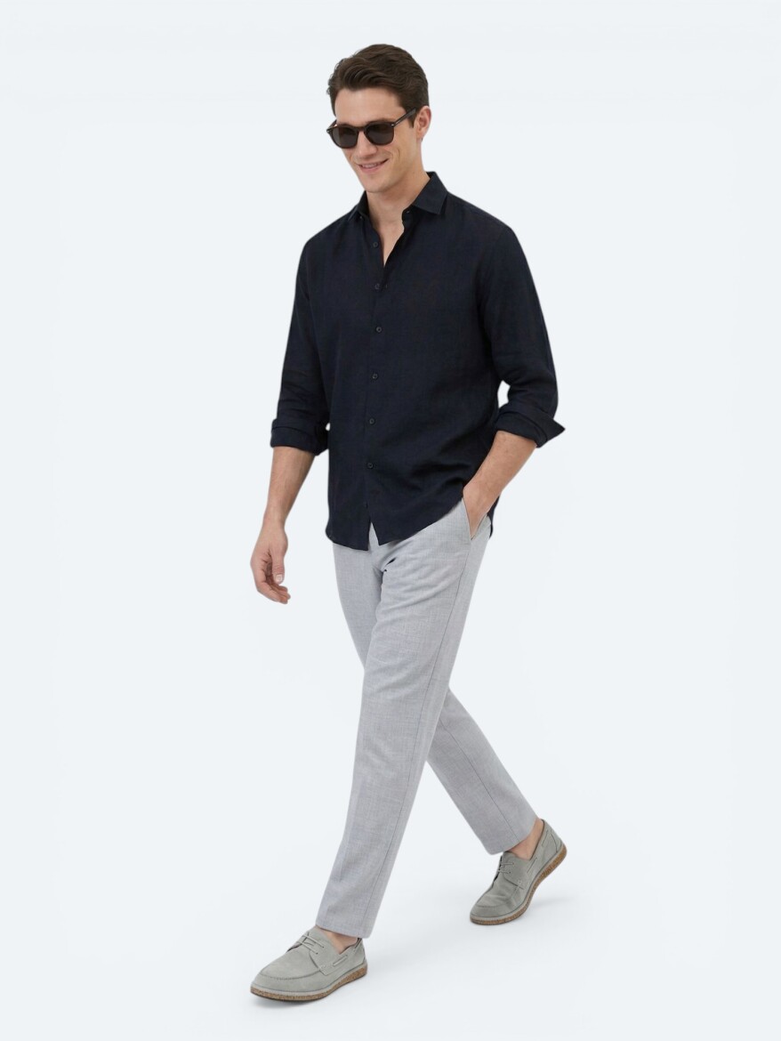 Black Plain Regular Fit Long Weaving Casual Cotton Blended Shirt - 2