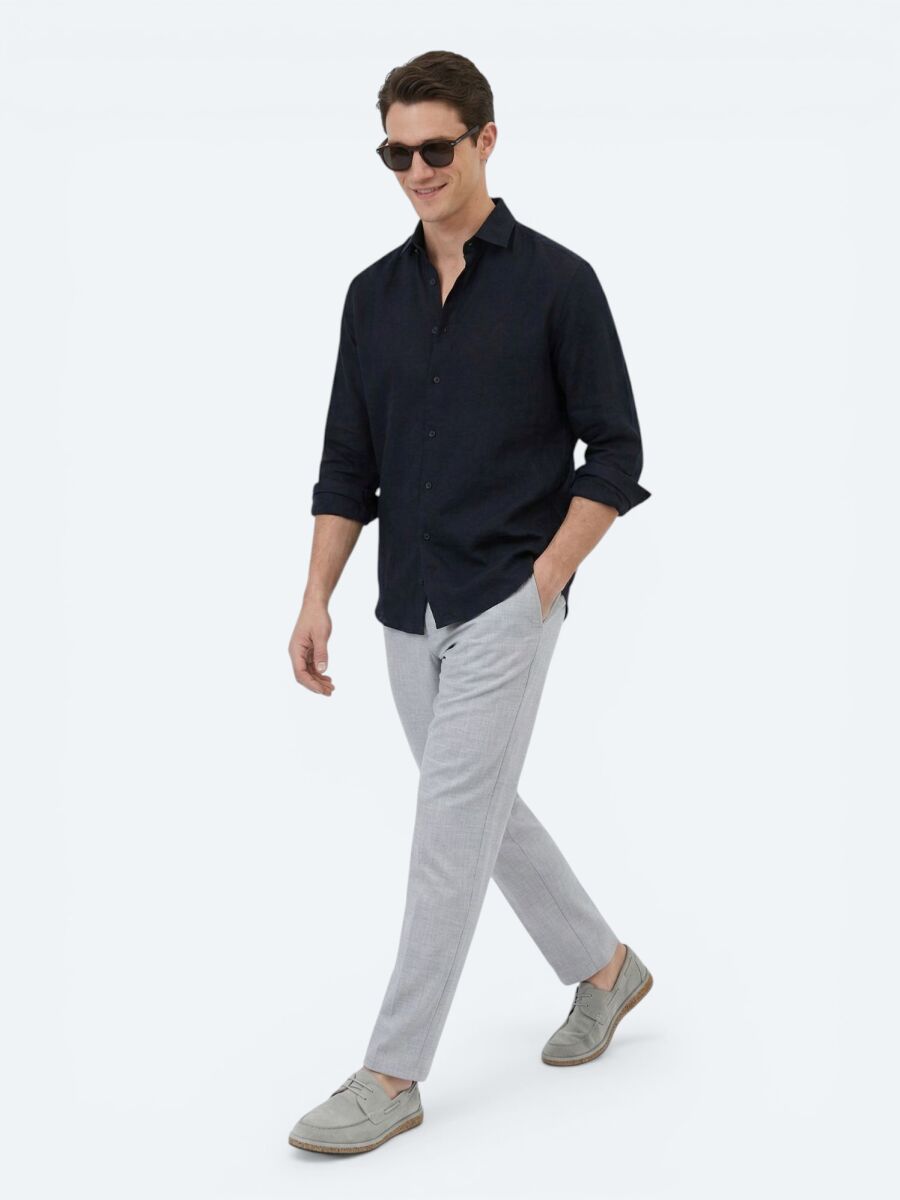 Black Plain Regular Fit Long Weaving Casual Cotton Blended Shirt - 2