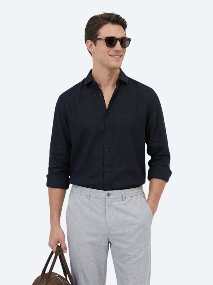 Black Plain Regular Fit Long Weaving Casual Cotton Blended Shirt - 4