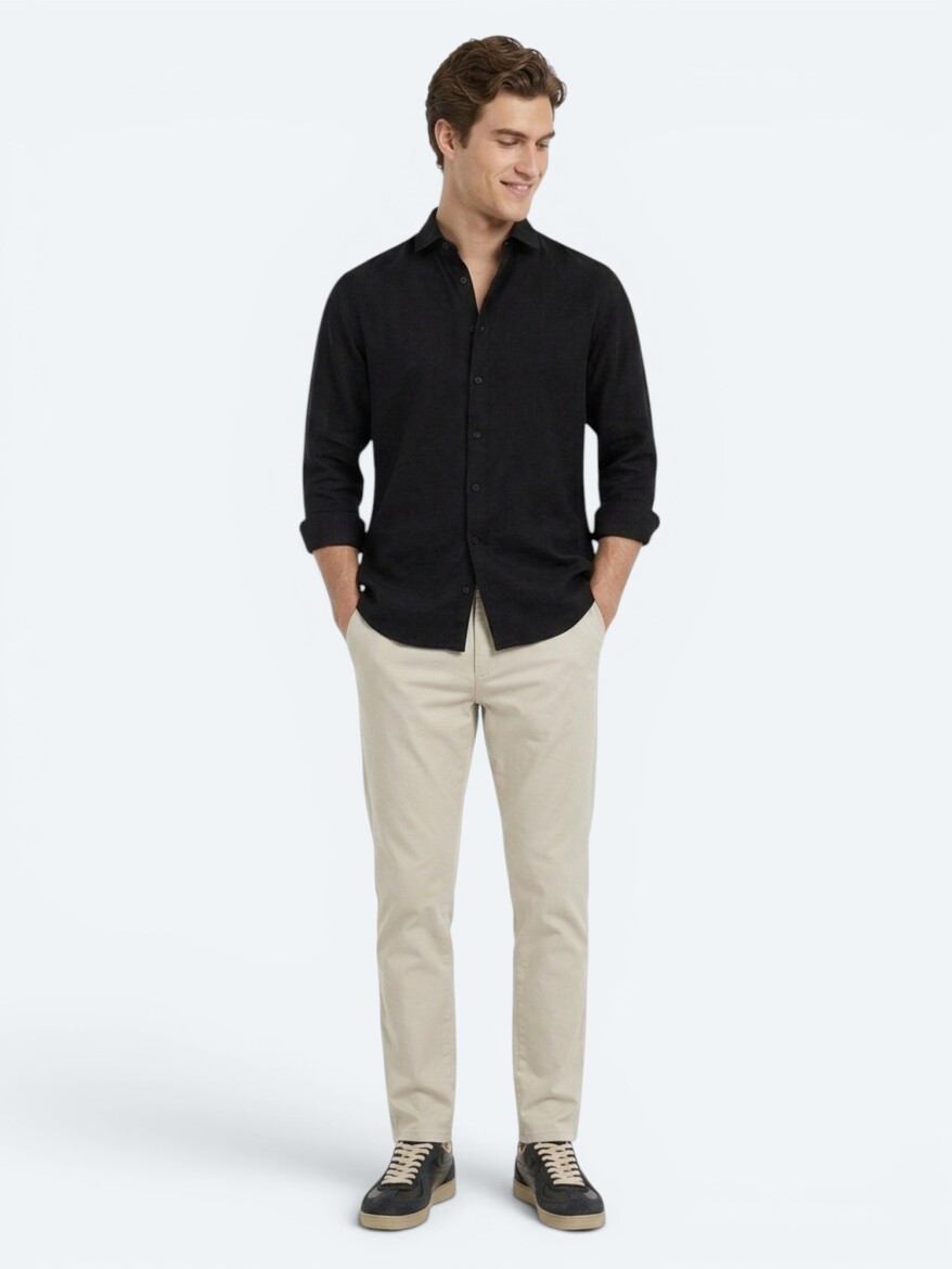 Black Plain Regular Fit Long Weaving Casual Cotton Blended Shirt - 2
