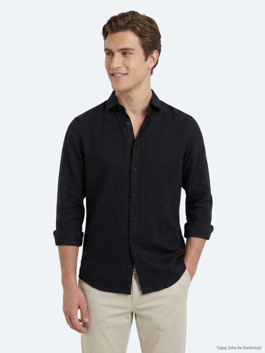 Black Plain Regular Fit Long Weaving Casual Cotton Blended Shirt - 1