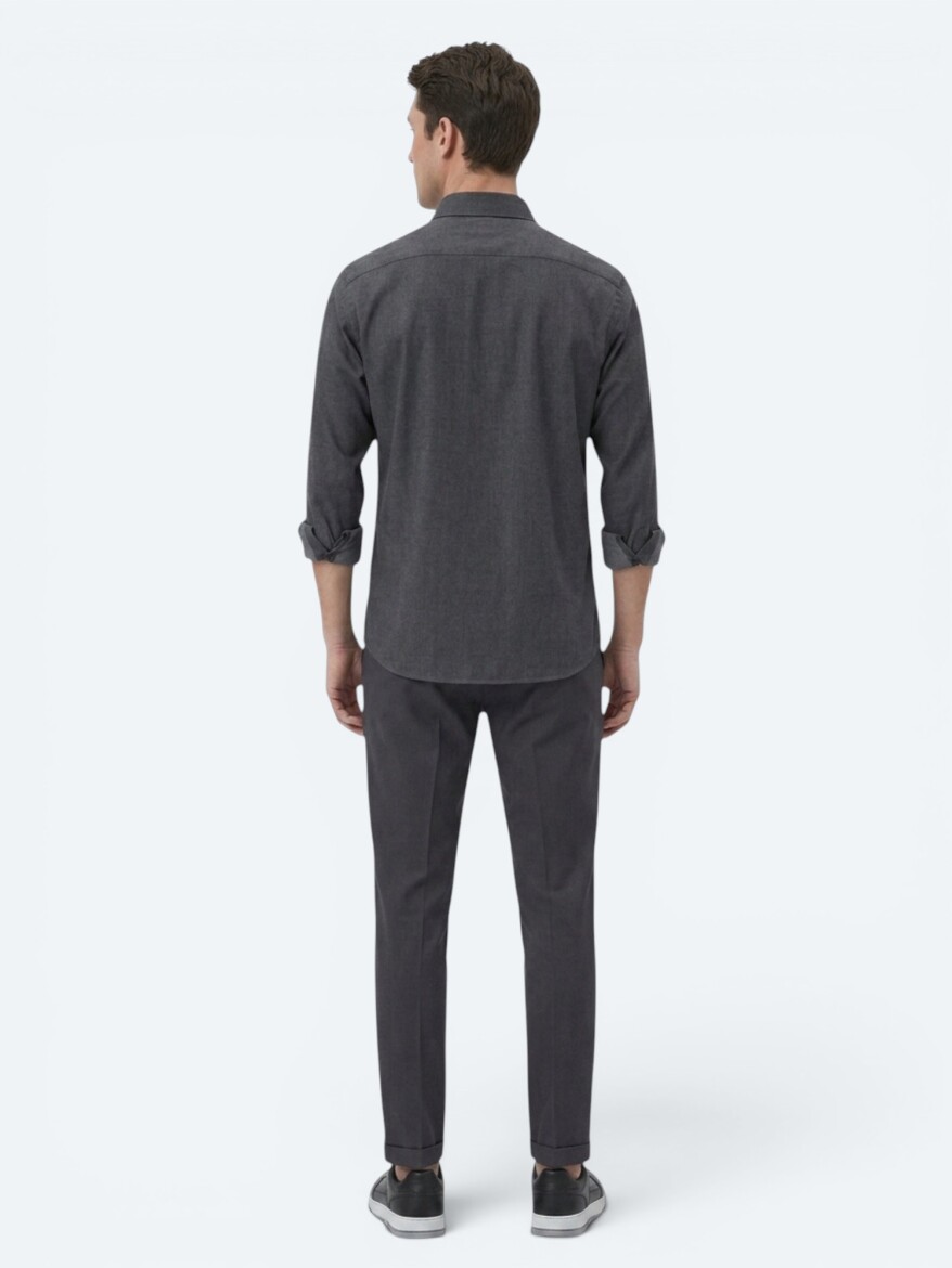 Black Plain Regular Fit Long Weaving Casual Cotton Blended Shirt - 5