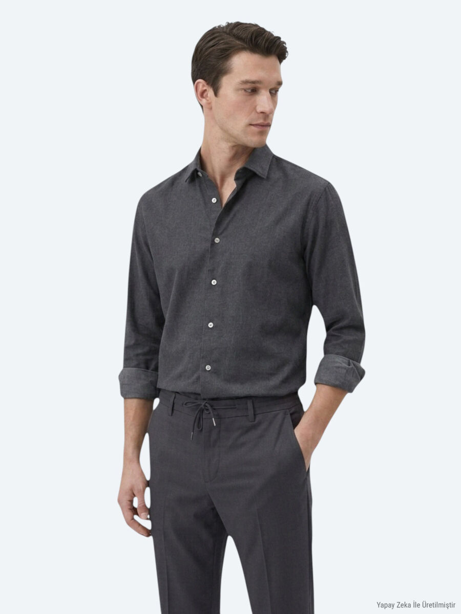 Black Plain Regular Fit Long Weaving Casual Cotton Blended Shirt - 2